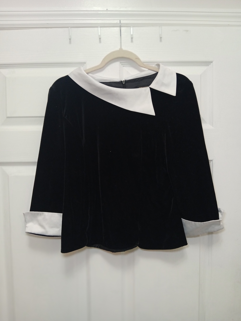Black Velvet Blouse with White Asymmetrical Collar